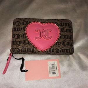 Juicy Couture Taupe Dark Brown Love Never Dies Bifold Wallet Studded Heart NWT